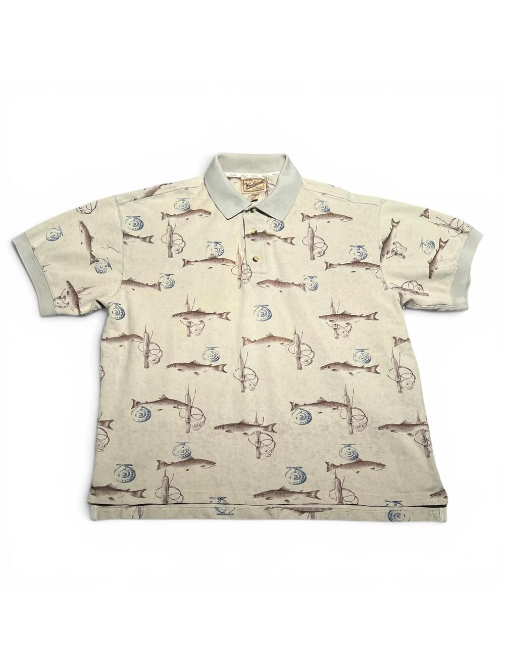 Vintage Woolrich Beige Fishing Print Polo Shirt